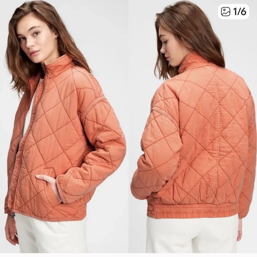 Gap Coral Orange Tangerine Quilted Jacket M, Slouchy, Dropped Shoulder